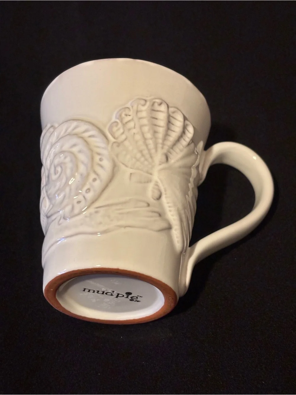 Mud Pie Milk-Glazed Terracotta Embossed Coffee Mug. Seashell and Starfish